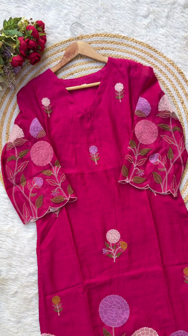 Magenta Pink Embroidered Cotton Kurti with Floral Thread Work and Matching Dupatta – Festive and Ethnic Wear for Women - Image 2