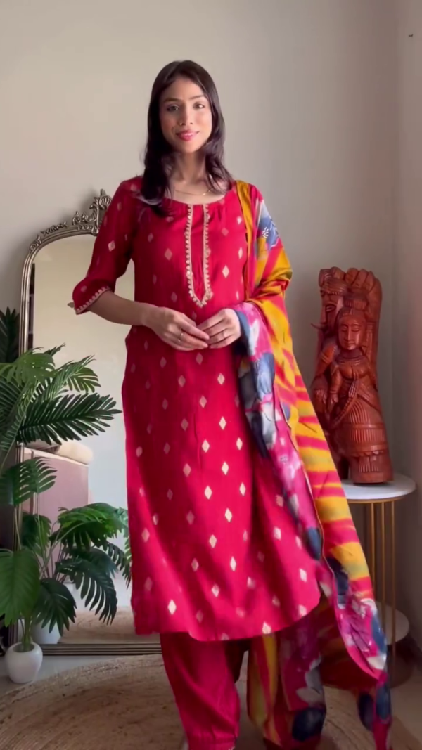 Vibrant Multicolor Ethnic Suit Set Combo Featuring One Yellow Printed Kurta with Artistic Motifs and Coordinated Dupatta, and One Red Kurta with Subtle Geometric Prints Paired with a Colorful Contrasting Dupatta — Perfect for Festive Celebrations and Everyday Chic Style - Image 2