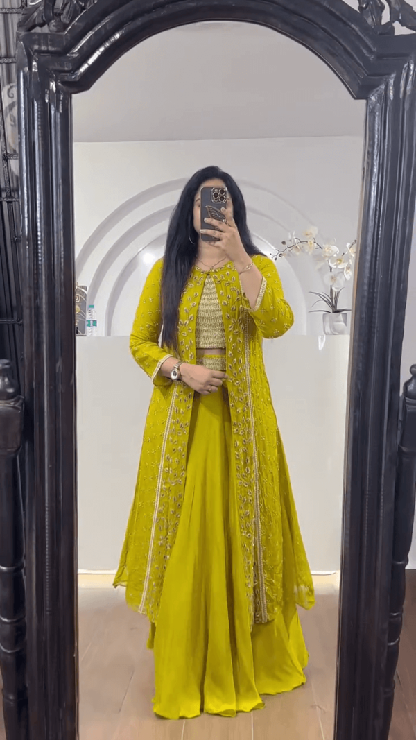 Yellow Embroidered Georgette Jacket Style Lehenga Set with Mirror Work Crop Top and Flared Skirt for Festive and Wedding Occasions