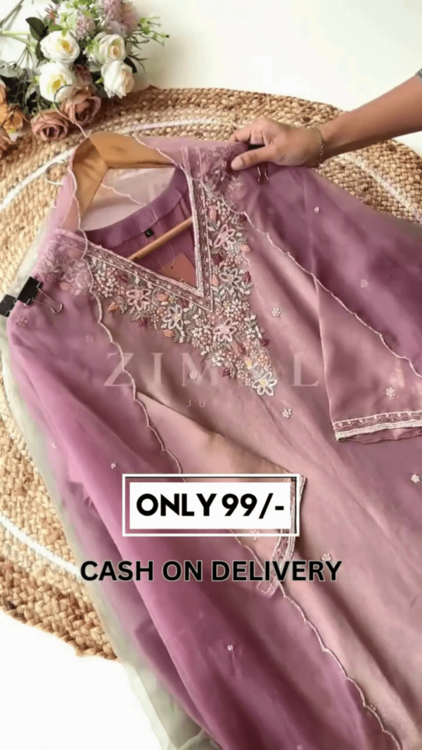 Embroidered Organza Suit Set with Floral Handwork and Matching Dupatta in Pastel Shades – Perfect for Festive and Casual Wear with Delicate Neck Detailing and Soft Fabric Finish - Image 2