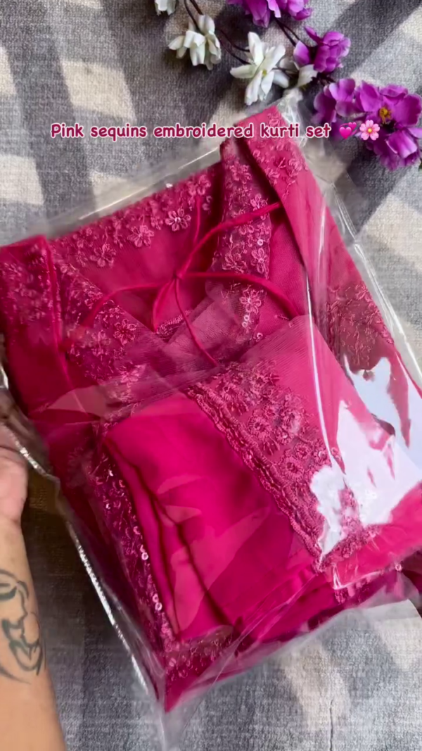 Magenta Pink Floral Embroidered Organza Kurti with Matching Dupatta – Designer Ethnic Wear for Festive and Special Occasions - Image 2