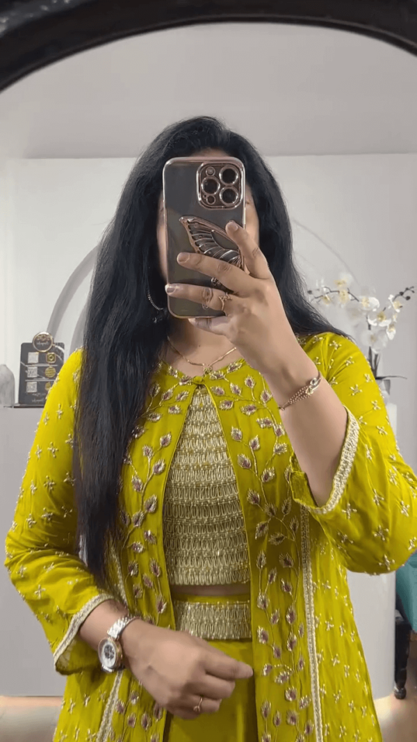 Yellow Embroidered Georgette Jacket Style Lehenga Set with Mirror Work Crop Top and Flared Skirt for Festive and Wedding Occasions - Image 3