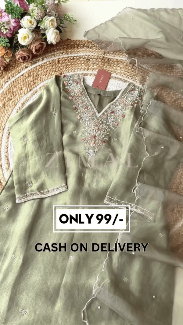 Embroidered Organza Suit Set with Floral Handwork and Matching Dupatta in Pastel Shades – Perfect for Festive and Casual Wear with Delicate Neck Detailing and Soft Fabric Finish - Image 3