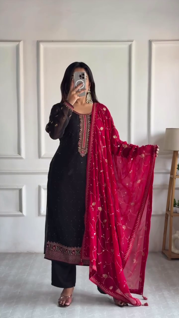 Festive Kurta Set with Intricate Embroidery, Straight Pants and Heavily Embellished Dupatta – Perfect for Celebrations, Traditional Gatherings and Special Occasions - Image 3