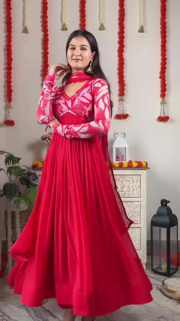 Red and Pink Floral Printed Full-Length Anarkali Dress with Keyhole Neckline, Long Sleeves, and Dupatta – Perfect for Festive and Ethnic Occasions