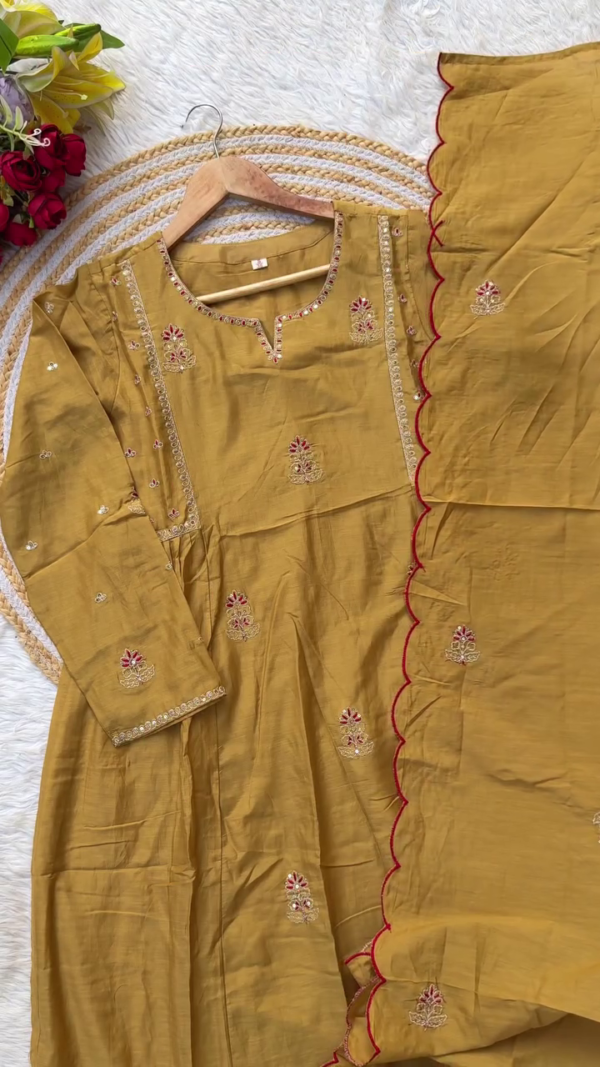 Mustard Yellow Cotton Kurta Set with Dupatta Featuring Mirror Work, Red Thread Detailing, and Floral Motifs – Elegant Traditional Ethnic Wear for Women