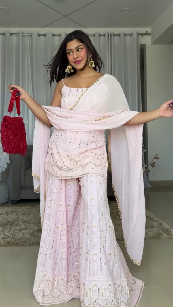Baby Pink Mirror Work Sharara Set with Embroidered Sleeveless Kurti and Matching Dupatta – Perfect for Festive and Wedding Occasions