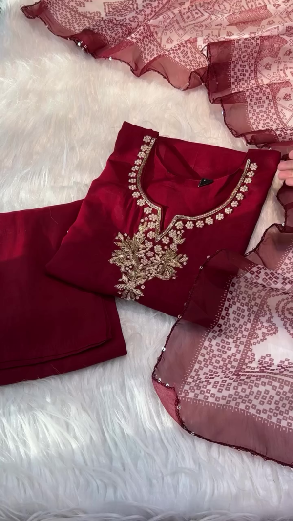 Maroon Cotton Silk Suit Set with Intricate Golden Thread Embroidery, Matching Solid Bottom, and Printed Soft Dupatta for Festive and Ethnic Occasions - Image 2