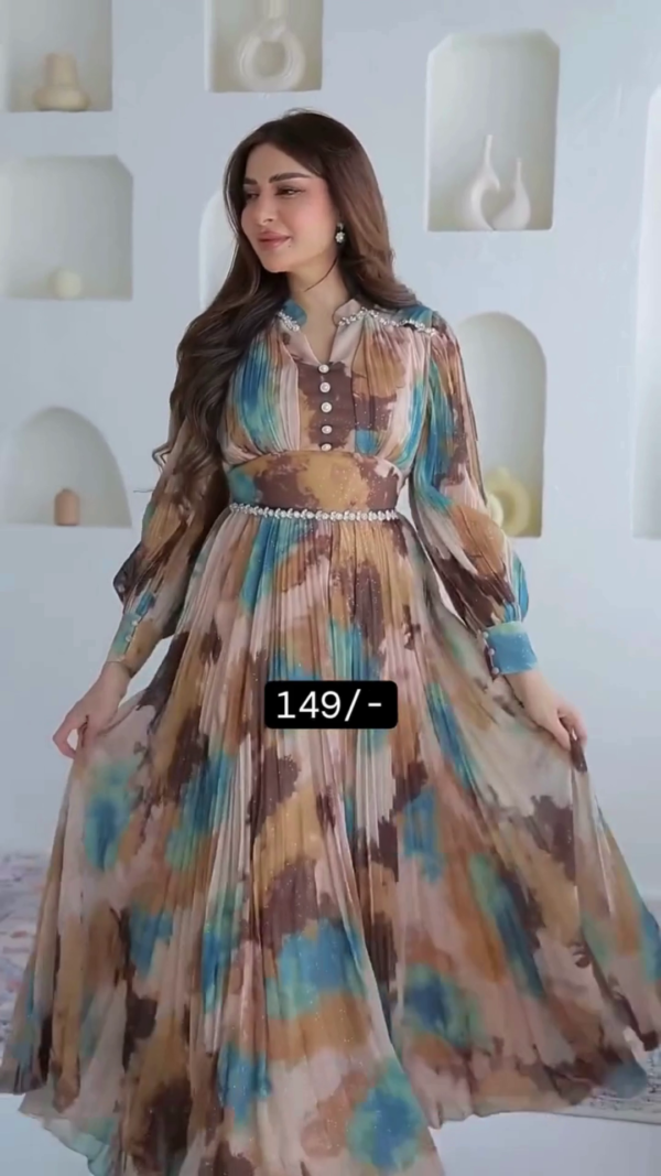 Trendy Multicolor Abstract Printed Pleated Long Gown with Full Sleeves, Front Button Detailing, Waist Belt Accent, and Flowing Silhouette – Perfect for Elegant Casual and Party Wear Looks