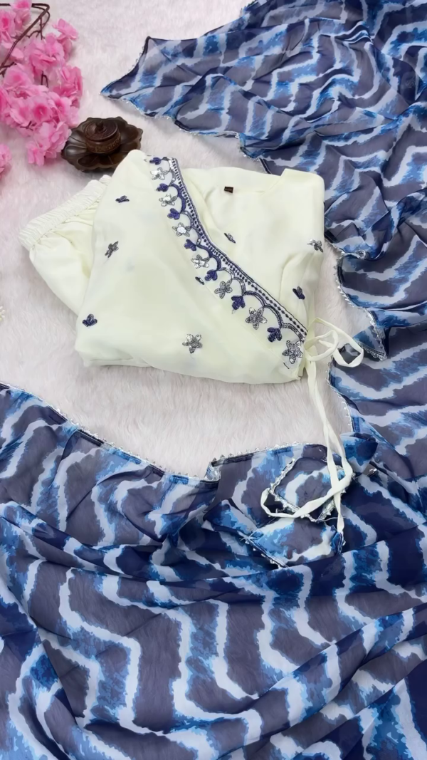Graceful Off-White Georgette Anarkali Suit Set with Blue Thread Embroidery, Stylish Angrakha-Style Neckline, Full Sleeves, Zigzag Patterned Blue Chiffon Dupatta, and Matching Solid Bottoms – Ideal for Festive, Ethnic, and Semi-Formal Occasions