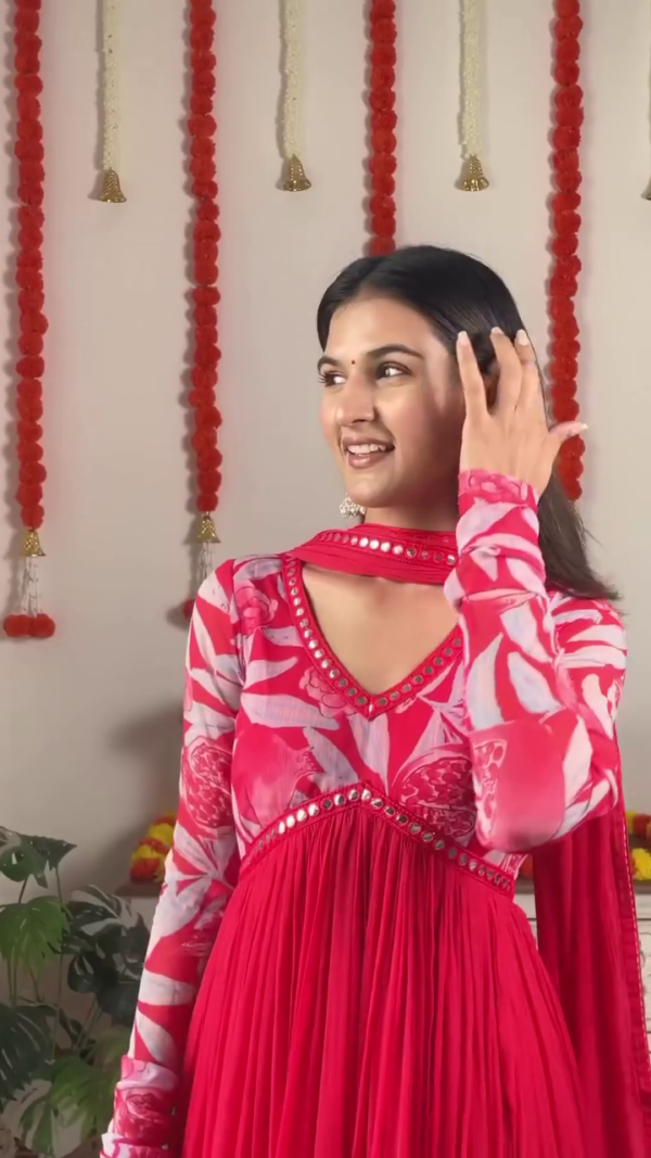 Red and Pink Floral Printed Full-Length Anarkali Dress with Keyhole Neckline, Long Sleeves, and Dupatta – Perfect for Festive and Ethnic Occasions - Image 2