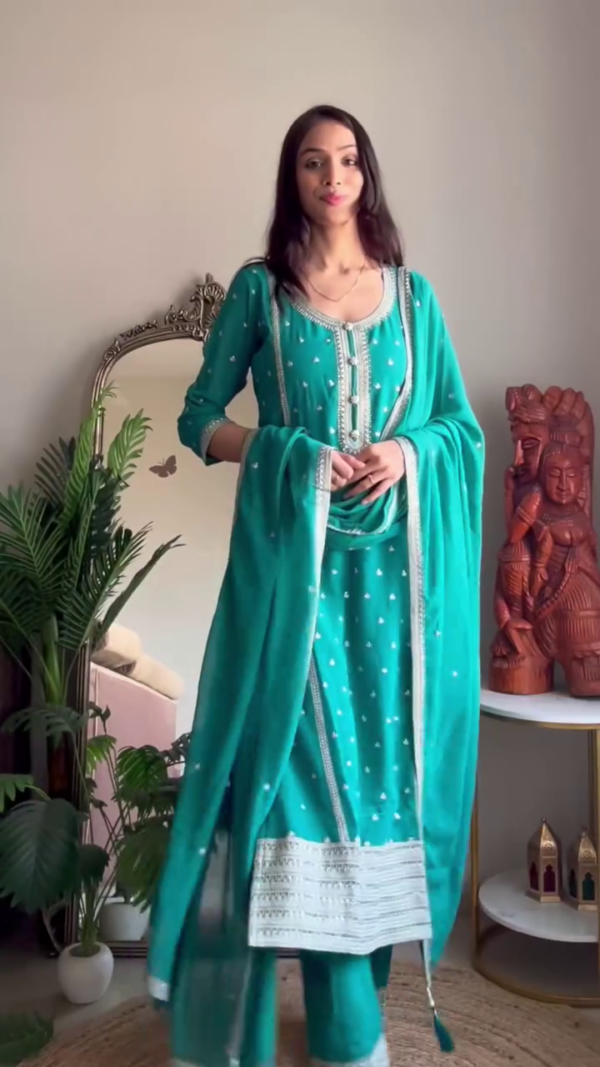 Graceful Suit Set Combo Featuring Kurta with Silver Embroidered Detailing and Elegant Border Paired with Coordinated Dupatta, and Suit with Intricate Neck Embroidery, Delicate Printed Pattern, and Matching Embellished Dupatta – Perfect for Festive Glamour - Image 2