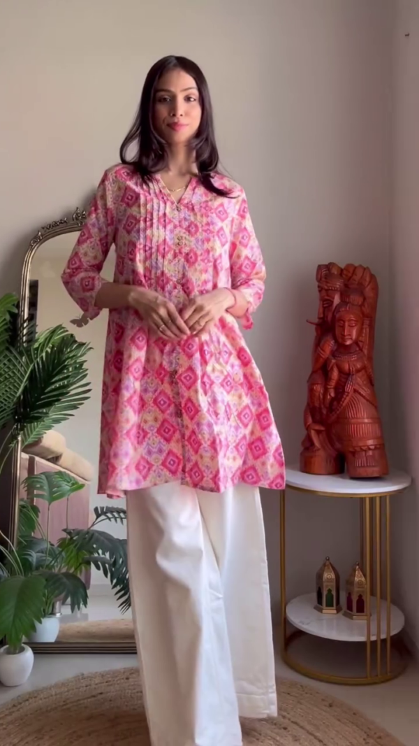 Breezy Summer Multi-Shade Short Kurta Set Featuring Soft Cotton Fabric, Vibrant Floral and Geometric Prints, Delicate Pintuck Detailing, and Comfortable White Palazzo – A Perfect Blend of Style and Ease for Everyday Ethnic Wear - Image 2