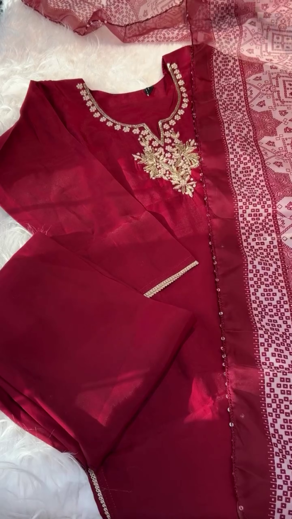 Maroon Cotton Silk Suit Set with Intricate Golden Thread Embroidery, Matching Solid Bottom, and Printed Soft Dupatta for Festive and Ethnic Occasions
