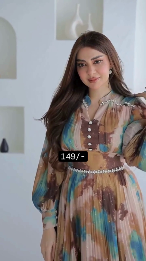 Trendy Multicolor Abstract Printed Pleated Long Gown with Full Sleeves, Front Button Detailing, Waist Belt Accent, and Flowing Silhouette – Perfect for Elegant Casual and Party Wear Looks - Image 2