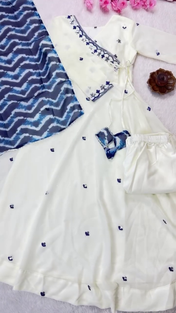 Graceful Off-White Georgette Anarkali Suit Set with Blue Thread Embroidery, Stylish Angrakha-Style Neckline, Full Sleeves, Zigzag Patterned Blue Chiffon Dupatta, and Matching Solid Bottoms – Ideal for Festive, Ethnic, and Semi-Formal Occasions - Image 2