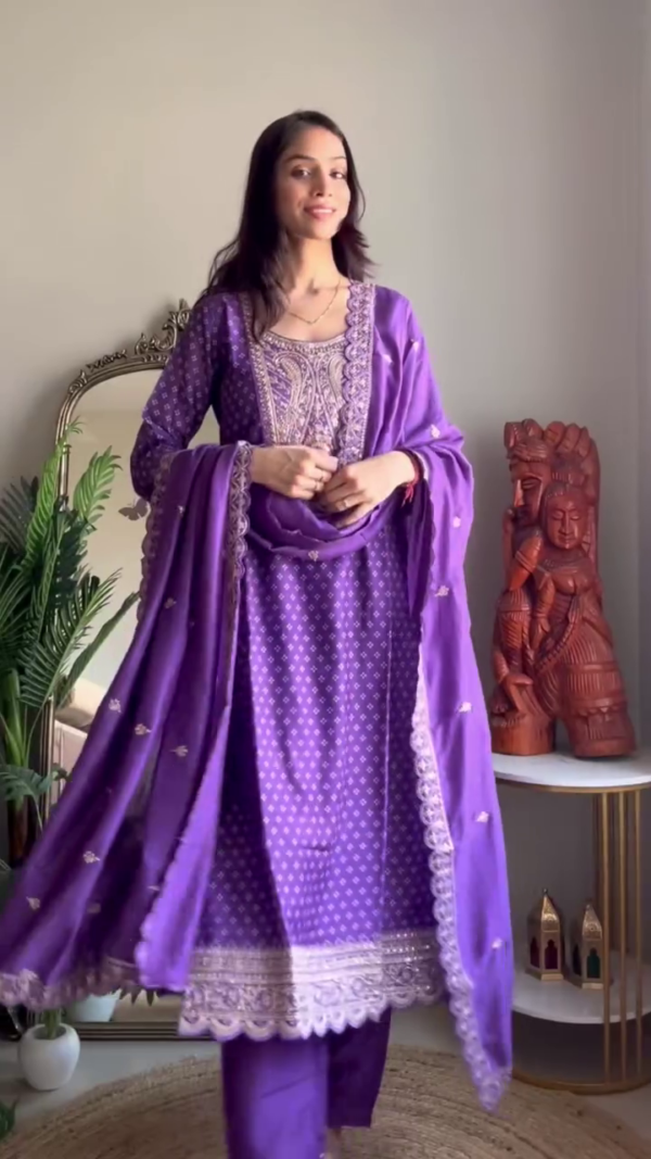 Graceful Suit Set Combo Featuring Kurta with Silver Embroidered Detailing and Elegant Border Paired with Coordinated Dupatta, and Suit with Intricate Neck Embroidery, Delicate Printed Pattern, and Matching Embellished Dupatta – Perfect for Festive Glamour - Image 3
