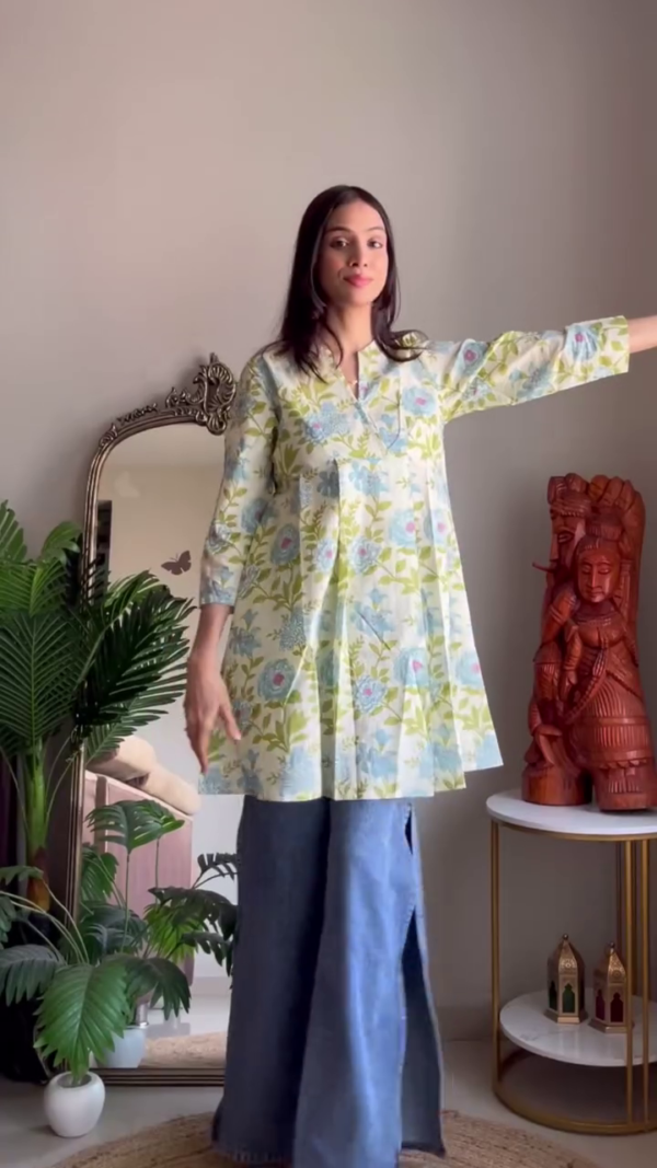 Breezy Summer Multi-Shade Short Kurta Set Featuring Soft Cotton Fabric, Vibrant Floral and Geometric Prints, Delicate Pintuck Detailing, and Comfortable White Palazzo – A Perfect Blend of Style and Ease for Everyday Ethnic Wear - Image 3