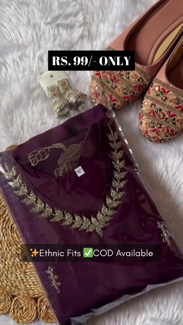 Deep Purple Ethnic Suit Set Featuring Intricate Golden Leaf Embroidery on Neckline, Delicate Motif Detailing on Kurta, and Heavily Embroidered Floral Dupatta – Perfect for Traditional Celebrations and Festive Wear