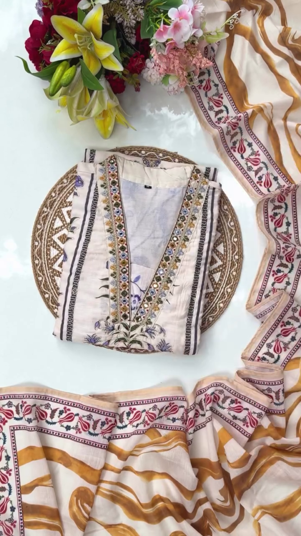 Beige and Mustard stitched Embroidered Lawn Suit with Mirror Work Detailing, Floral and Geometric Motifs, Paired with Printed Dupatta – Perfect for Festive and Semi-Formal Occasions