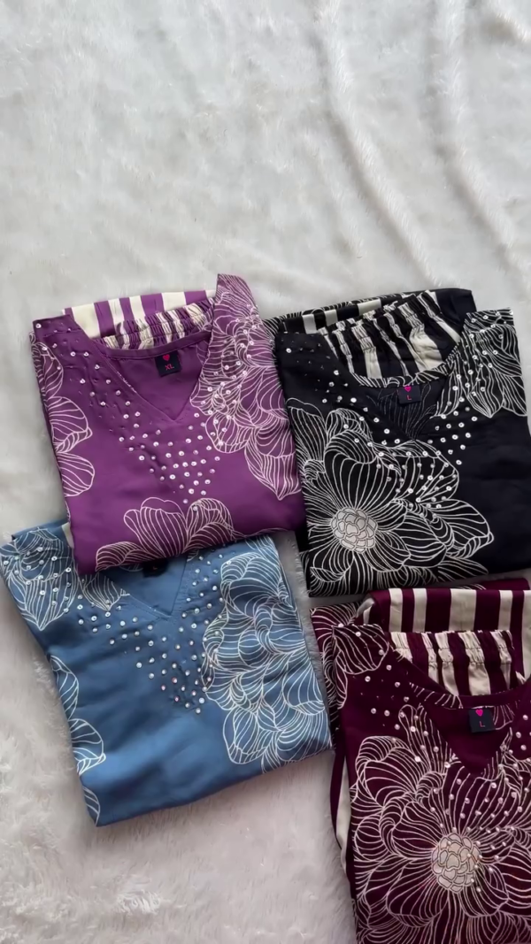 Soft Cotton Printed Floral Night Suit Set for Women with Stylish V-Neck Top and Contrast Striped Pajama in Multiple Colors – Comfortable Daily Wear Sleepwear Collection
