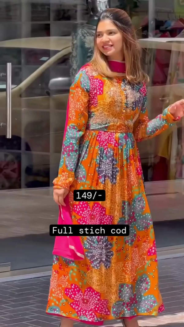 Vibrant Multicolor Bandhani Printed Anarkali Gown with Golden Embroidery, Full Sleeves, Flared Silhouette, and Contrasting Dupatta – Fully Stitched Ethnic Wear for Festive and Traditional Occasions