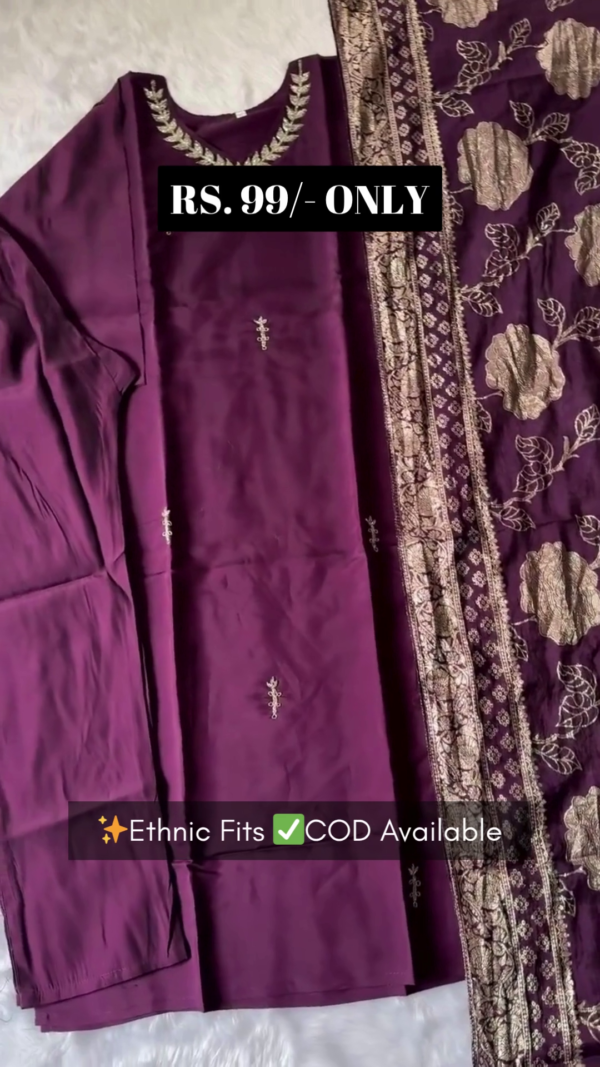 Deep Purple Ethnic Suit Set Featuring Intricate Golden Leaf Embroidery on Neckline, Delicate Motif Detailing on Kurta, and Heavily Embroidered Floral Dupatta – Perfect for Traditional Celebrations and Festive Wear - Image 2