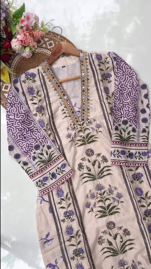 Beige and Mustard stitched Embroidered Lawn Suit with Mirror Work Detailing, Floral and Geometric Motifs, Paired with Printed Dupatta – Perfect for Festive and Semi-Formal Occasions - Image 2