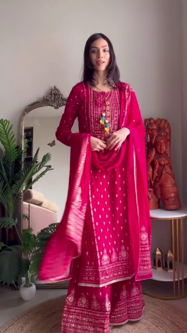 Ethnic Suit Set Featuring Intricate Multi-Thread Embroidery on Kurta, Traditional Bandhani-Inspired Print with Gota Detailing, Paired with Heavily Embellished Sharara Pants and Coordinated Dupatta for a Stunning Festive and Wedding-Ready Look - Image 2