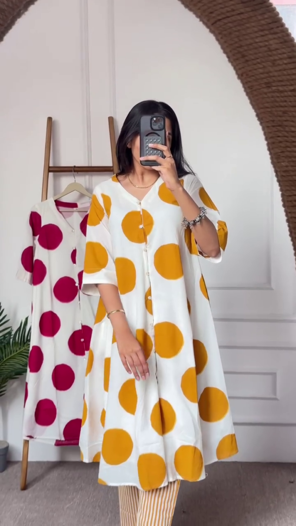 Trendy A-Line Flared Polka Dot Kurti with Front Buttons in Mustard and Magenta Variants – Casual and Comfortable Cotton Wear for Everyday Chic Style - Image 2