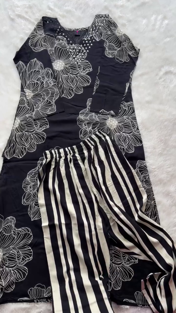 Soft Cotton Printed Floral Night Suit Set for Women with Stylish V-Neck Top and Contrast Striped Pajama in Multiple Colors – Comfortable Daily Wear Sleepwear Collection - Image 2