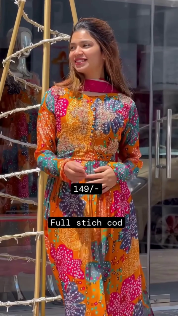 Vibrant Multicolor Bandhani Printed Anarkali Gown with Golden Embroidery, Full Sleeves, Flared Silhouette, and Contrasting Dupatta – Fully Stitched Ethnic Wear for Festive and Traditional Occasions - Image 2
