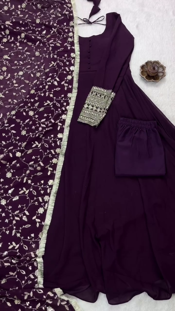Rich Wine Purple Georgette Anarkali Suit Set Featuring Stylish Sleeveless Kurta with Front Button Detailing, Intricately Embroidered Net Dupatta with Floral Sequin Work and Golden Border, Paired with Matching Solid Bottoms – A Perfect Blend of Elegance and Festive Charm - Image 2