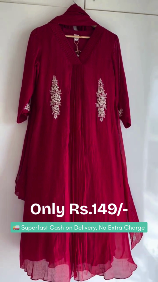 Elegant Maroon Anarkali Kurti with Intricate White Floral Embroidery, Soft Flowing Fabric, V-Neck Pleated Design, and Matching Dupatta – Perfect for Festive Occasions and Traditional Wear - Image 3