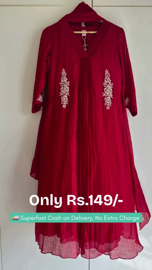 Elegant Maroon Anarkali Kurti with Intricate White Floral Embroidery, Soft Flowing Fabric, V-Neck Pleated Design, and Matching Dupatta – Perfect for Festive Occasions and Traditional Wear - Image 2