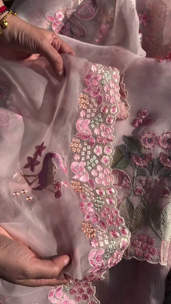 Light Pink Organza Embroidered Fabric Featuring Intricate Flamingo and Floral Motifs with Multicolor Threadwork, Scalloped Edges, and Delicate Handcrafted Details – Ideal for Festive Wear, Formal Attire, or Statement saree - Image 3