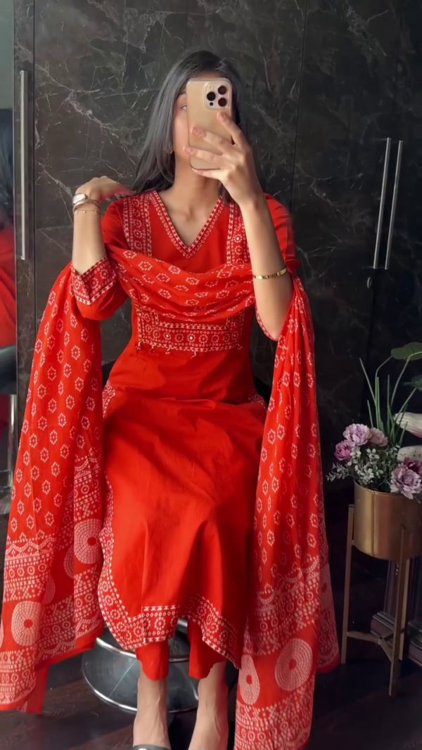 Orange Bandhani Printed Cotton Kurta Set with Intricate Embroidery, Matching Straight Pants, and Soft Dupatta for Festive and Ethnic Occasions - Image 2