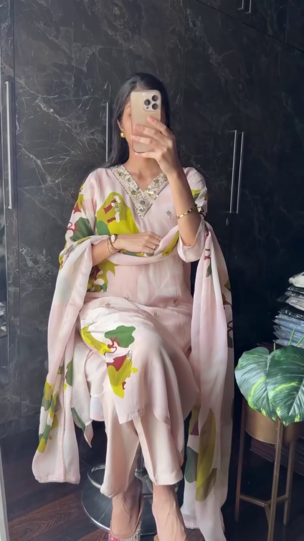 Graceful Light Pink Floral Printed Georgette Kurta Set with Delicate Mirror Work Neckline, Matching Pants, and Soft Flowing Dupatta for Elegant Ethnic and Festive Wear - Image 2