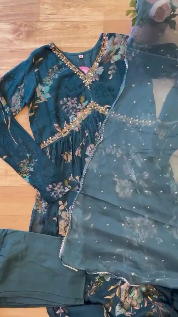 Teal Floral Print Anarkali – Gorgeous Floral Embroidered Dress with Matching Dupatta for Traditional Events. - Image 2