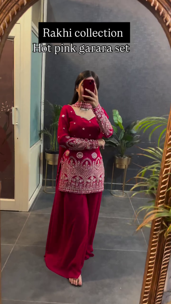 Rakhi Collection: Glamorous Hot Pink Garara Set with Intricate Embellishments