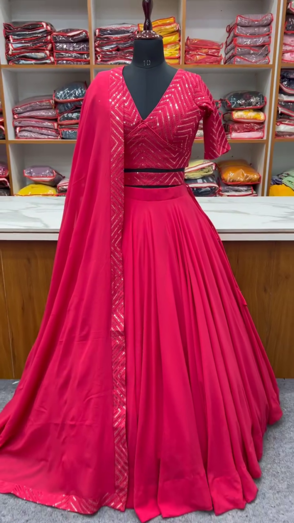 Radiant Rani Pink Sequin Lehenga Set with V-Neck Blouse & Flowing Skirt – Mirror-Stripe Detailing & Coordinated Dupatta for Glamorous Festive Elegance