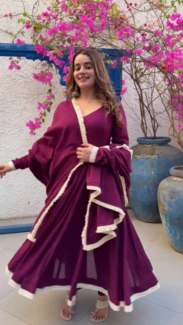 Elegant Long Anarkali Dress in Rich Burgundy and Green with Lace Detailing and Flowing Sleeves