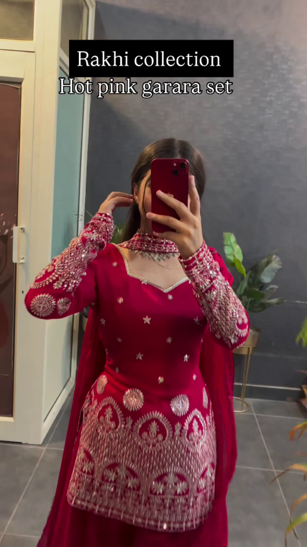 Rakhi Collection: Glamorous Hot Pink Garara Set with Intricate Embellishments - Image 2