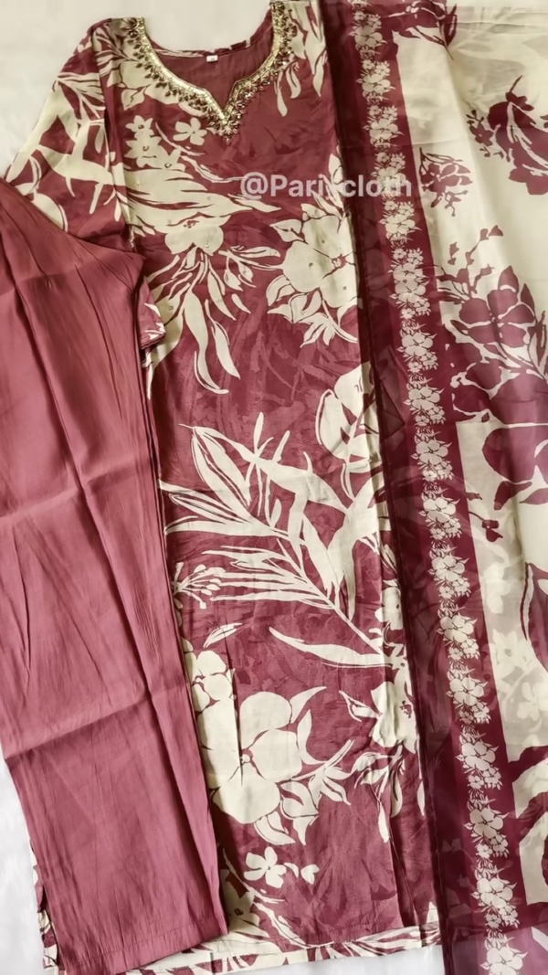 Elegant Maroon and Cream Floral Printed Kurti Set with Delicate Gold Embroidery on the Neckline, Paired with a Coordinated Dupatta - Image 2