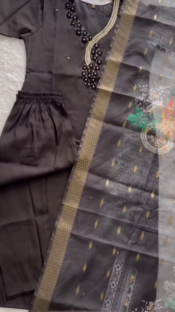Elegant Black Kurti Set with Intricate Bead Embellishments and Printed Floral Dupatta – Gold Zari Border Detailing for a Classic Ethnic Look - Image 2