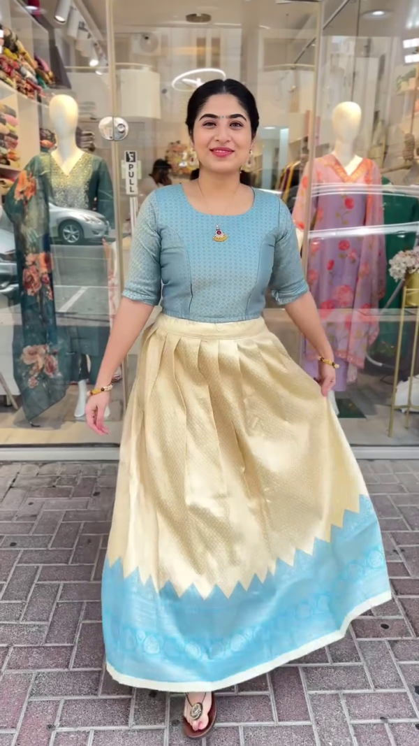 Elegant Blue Choli with Contrast Gold Zari-Woven Silk Skirt – A Timeless Traditional Ensemble with Rich Textures and Subtle Shine, Ideal for Festive and Cultural Celebrations - Image 2