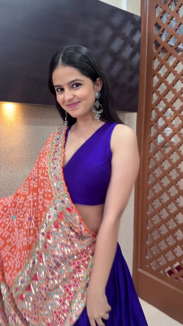 Royal Blue Lehenga Choli with Vibrant Orange Bandhani Dupatta & Mirror Work – Festive-Ready Look - Image 2