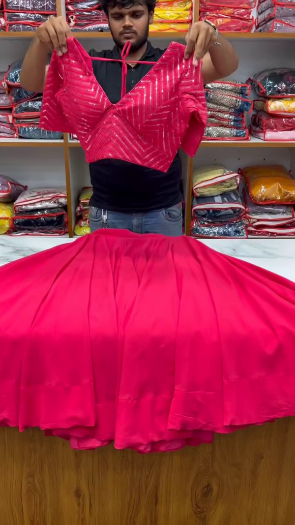 Radiant Rani Pink Sequin Lehenga Set with V-Neck Blouse & Flowing Skirt – Mirror-Stripe Detailing & Coordinated Dupatta for Glamorous Festive Elegance - Image 3