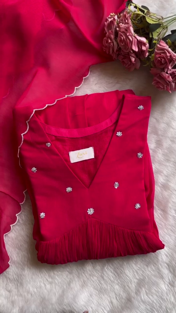 Elegant Fuchsia Pink Embroidered Dress with Pleated Detailing and Delicate Floral Embellishments