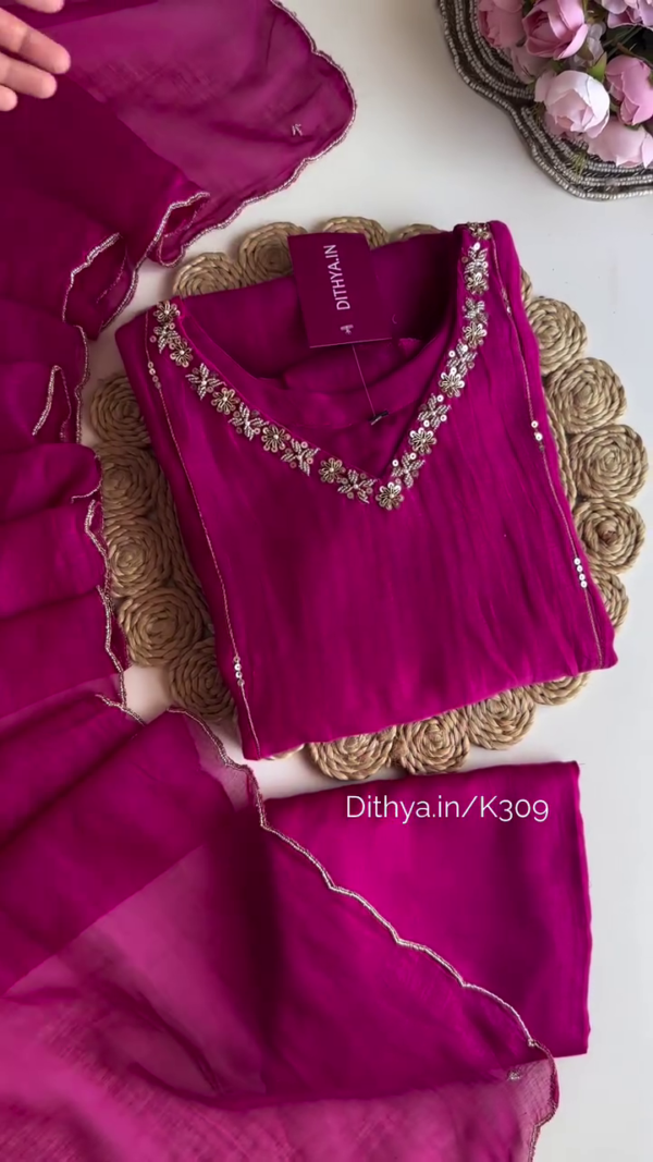 Elegant Magenta Embroidered Kurta Set with Sheer Dupatta – Perfect for Traditional and Festive Occasions